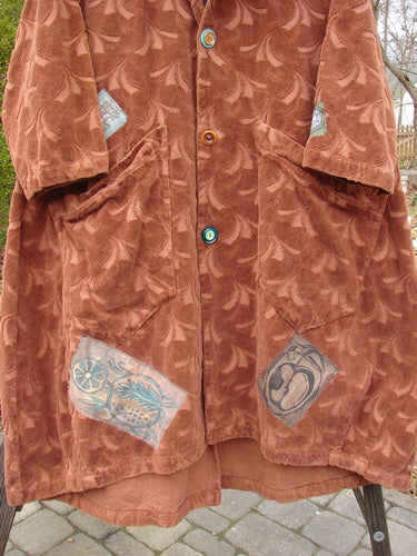 1998 Patched Tapestry Coat Bountiful Path Rockwood OSFA, featuring intricate patches, angular pockets, vintage buttons, and a stand-up collar, showcasing heavy, richly textured cotton with a fan-patterned pile.