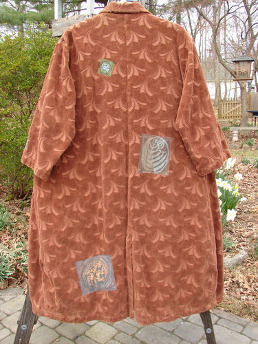 1998 Patched Tapestry Coat Bountiful Path Rockwood OSFA with intricate patches, stand-up collar, three vintage buttons, and angular pockets, showcasing rich textures and sophisticated tapestry fabric, from Bluefishfinder.com.