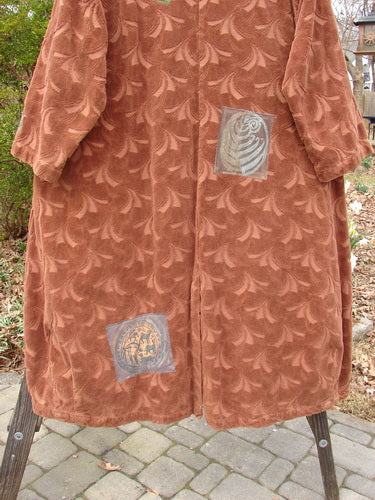 1998 Patched Tapestry Coat Bountiful Path Rockwood OSFA featuring rich, textured cotton, fan-patterned pile, angular pockets, stand-up collar, vintage buttons, mixed patchwork, and a split rear vent.