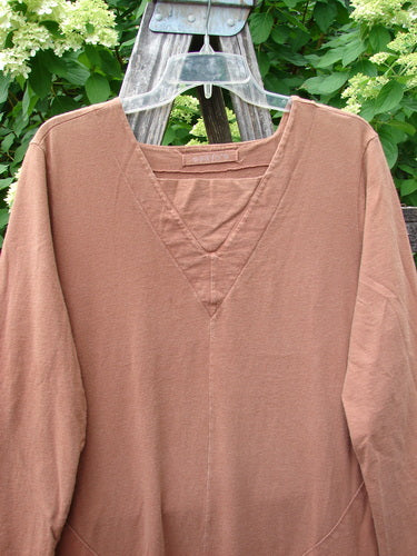 1998 Mandolin Dress Lucky Horseshoe Rockwood Size 2 displayed on a clear hanger over a wooden ladder, featuring a long-sleeved, loose fit with a deeper V neckline and unique front pockets.