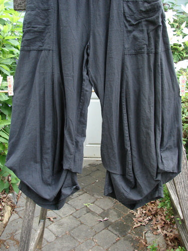 Barclay Linen Tie Bottom Billow Pocket Pant Unpainted Black Size 0 features a full elastic waist, wide swingy lowers with tie-up draw cords, and a pocketless drape, embodying vintage Blue Fish individuality.