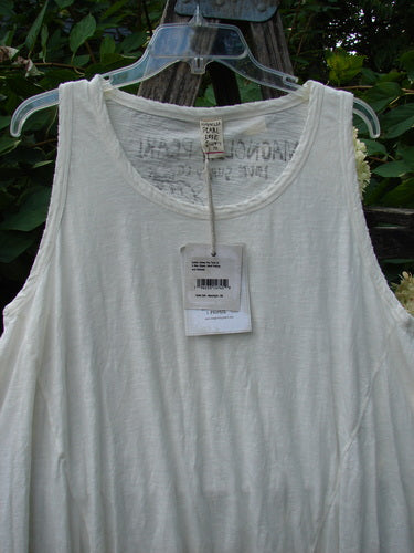 The Magnolia Pearl NWT Cotton Paz Tank White OSFA on a hanger, showcasing its raw, tattered edges, A-line flare, and varying hemline, with visible hand distressing and the signature Pearl logo on the back.