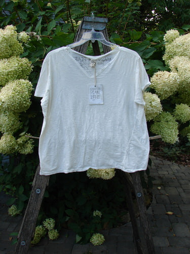 Magnolia Pearl NWT Cotton Europa V Neck Boyfriend Tee True White OSFA hangs on a wooden ladder outdoors, showcasing raw edges, hand-distressing, and a feminine V neckline with a paper tag attached.
