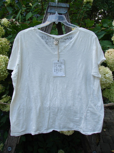 Magnolia Pearl NWT Cotton Europa V Neck Boyfriend Tee True White OSFA displayed on a hanger, showcasing its oversized, drapey design with raw edges and a feminine V neckline amidst lush garden greenery.