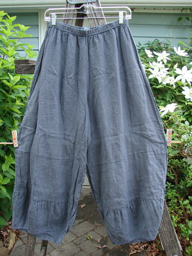 Barclay Linen Meadow Pant Unpainted Cross Dye Steel Size 0, featuring a wide, flowy shape with horizontal gathered panels and a full elastic waistline, perfect for spring or summer wear.