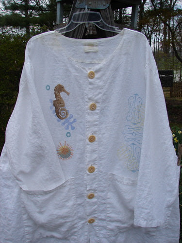 2000 Linen Beach Cardigan Seahorse White Size 2 featuring deep front pockets, A-line sweep, oversized buttons, shirt tail hemline, and seahorse theme paint.