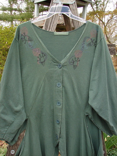 1994 Calligrapher's Jacket Abstract Deep Sea OSFA featuring a green floral design, wide painted neckline, long open side vents, and diagonal front sectional panels.