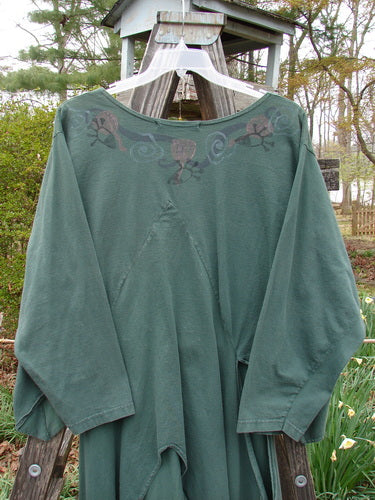 1994 Calligrapher's Jacket Abstract Deep Sea OSFA displayed on a hanger, showcasing its wide neckline, long open side vents, diagonal front panels, and knotted side tails.