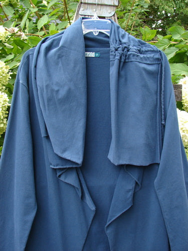 Barclay Cotton Lycra Gather Collar Open Front Jacket Unpainted Navy Size 2: Navy-blue, open-front, drape-style cardigan with unique drawcord neckline and long sleeves, showcasing elegant draping and flow, hanging on a hanger.