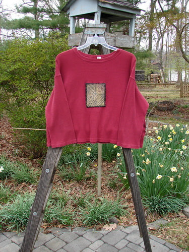 Barclay PMU Patched Thermal Boxy Crop Top Unpainted Cranberry Size 0 displayed on a wooden rack, featuring a contrasting whip-stitched patch, square boxy shape, and long sleeves.