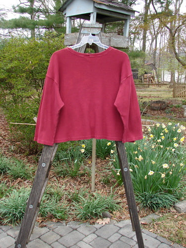 Barclay PMU Patched Thermal Boxy Crop Top Unpainted Cranberry Size 0 displayed on a wooden clothes rack, showcasing its square shape, rounded neckline, and cozier long sleeves.