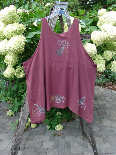 1994 Short Simple Smock Magic Music Beet Size 2 displayed on a ladder, features a sleeveless, loose-fitting design with retro motifs, rounded neckline, sectional panels, and varying hemline in medium weight cotton.
