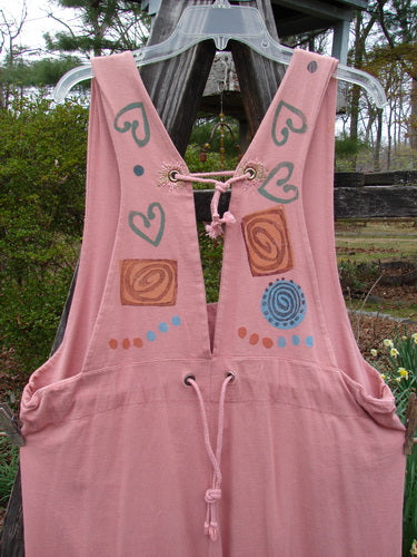 1993 Railroad Overall Pant Jumper Hearts Dried Rose Size 1 features a pink design with heart and swirl patterns, deep oval neckline, front pockets, and rear accent with rope cording.