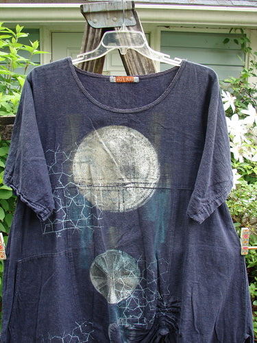 Barclay Hemp Vented Drawcord Dress Moon Night Denim Size 1 features a rounded neckline, kangaroo pocket, vertical drawcord, and vented sides, showcasing a generous A-line silhouette with sectional panels and painted sleeves.