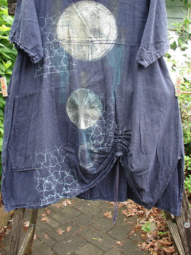 Barclay Hemp Vented Drawcord Dress Moon Night Denim Size 1 features a rounded neckline, kangaroo pocket, empire waist seam, vertical drawcord, sectional panels, wide sleeves, and A-line silhouette with vented sides.
