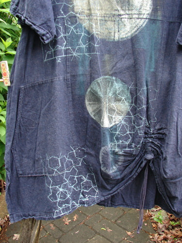Barclay Hemp Vented Drawcord Dress Moon Night Denim Size 1 features a rounded neckline, single side kangaroo pocket, vertical drawcord, sectional panels, painted wide sleeves, and vented sides, embodying Blue Fish Clothing's vintage style.