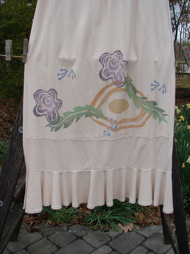 1996 NWT Spring Laughter Skirt Five Petal Birch Bark Size 2, featuring a full elastic waistband, detailed five-petal floral theme, and lower band flounce, in organic cotton from the 1996 Spring Collection.