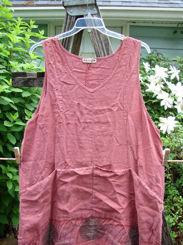 Barclay Linen Quad Pocket Vented Pinafore Twig Russet Size 2 features a unique neckline, A-line shape, vented hem, and four exterior pockets, showcasing intricate twig and leaf patterns in perfect condition.