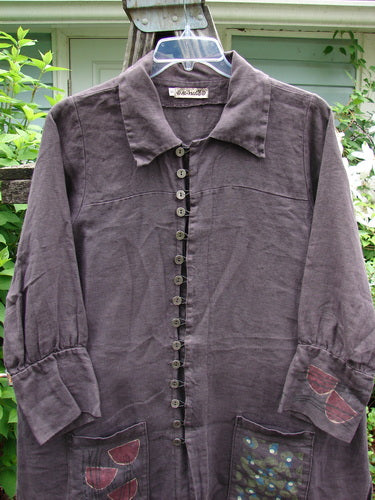 Barclay Linen Metal Button Drop Pocket Jacket Floral Reach Brum Size 2 features long billowy sleeves, metal buttons, elastic loop closures, double drop pockets, and vented sides, embodying Bluefishfinder.com's vintage style.