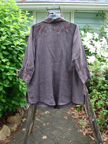 Barclay Linen Metal Button Drop Pocket Jacket Floral Reach Brum Size 2 features billowy sleeves, metal buttons, elastic loop closures, and double drop pockets, embodying Bluefishfinder.com's vintage-inspired, creative aesthetic.