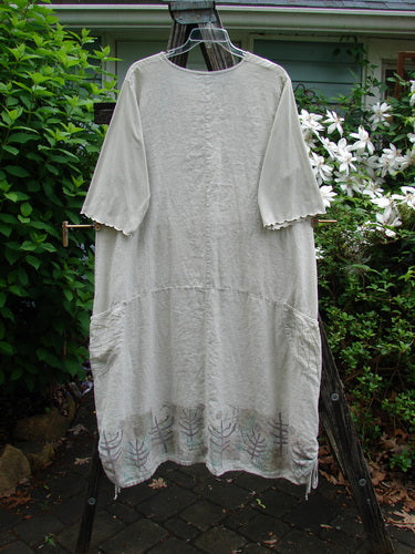 Barclay Linen Farmer Jen Dress Moon Path Flaxen Size 2 features medium-weight linen, sectional bodice, drawcord sides, cotton sleeves with lettuce edges, and wrap pockets, reflecting BlueFishFinder's vintage style.