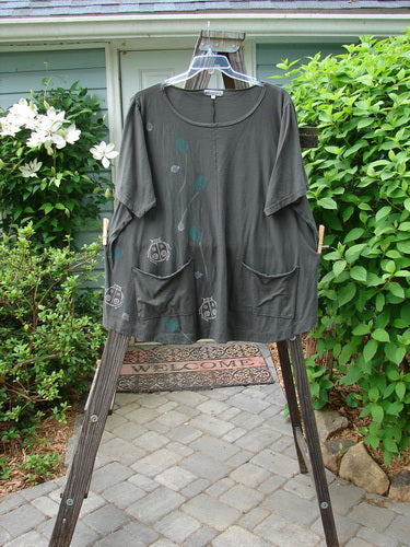 Barclay Double Pocket Twinkle Top Ladybug Grey Hunter, featuring a ruffled hem, banded sleeves, double pockets, and a ladybug design, displayed on a clothes rack.