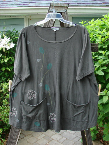 Barclay Double Pocket Twinkle Top Ladybug Grey Hunter featuring ladybug prints, banded lower sleeves, double drop pockets, ruffle hem, and an A-line shape in medium-weight organic cotton.