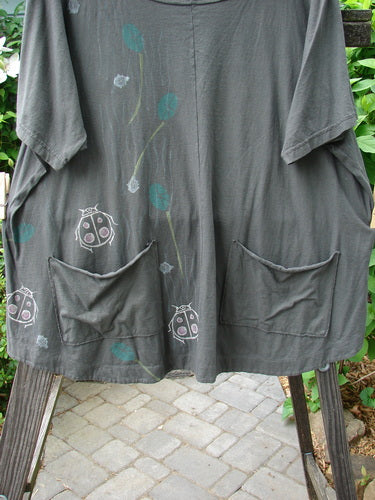 Barclay Double Pocket Twinkle Top Ladybug Grey Hunter with ruffle hem, banded sleeves, double drop pockets, A-line shape, ladybug theme, and softly rounded neckline displayed on a mannequin.