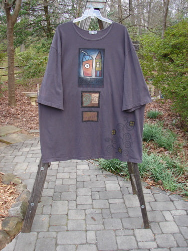 Barclay PMU Patched Big Square Over Top Home Beetle Currant Size 3, featuring a house and building painting, displayed on a rack.