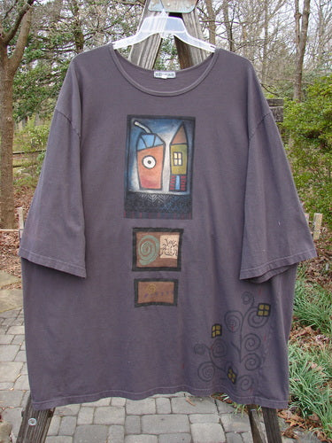 Barclay PMU Patched Big Square Over Top Home Beetle Currant Size 3, featuring an oversized fit with painted and patched home and beetle themes, ribbed neckline, and belled sleeves.