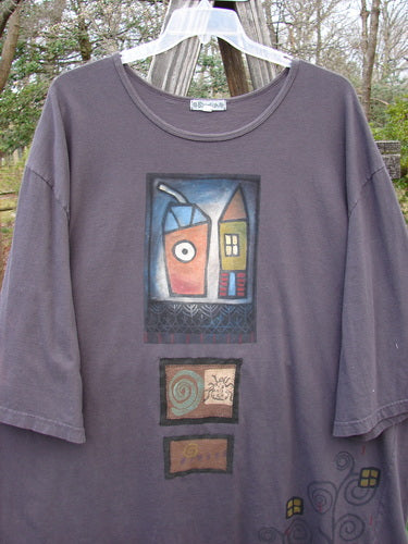 Barclay PMU Patched Big Square Over Top Home Beetle Currant Size 3 featuring a painted design of houses and a drink, with additional patches and belled billowy three-quarter length sleeves.