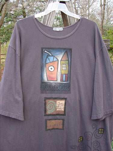 Barclay PMU Patched Big Square Over Top Home Beetle Currant Size 3 with unique patches, rounded ribbed neckline, drop shoulders, billowy sleeves, and a painting of houses and buildings.