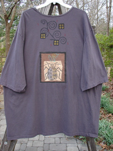 Barclay PMU Patched Big Square Over Top Home Beetle Currant Size 3 features a hand-painted beetle and patch detailing, with billowy three-quarter sleeves and a relaxed oversized fit.