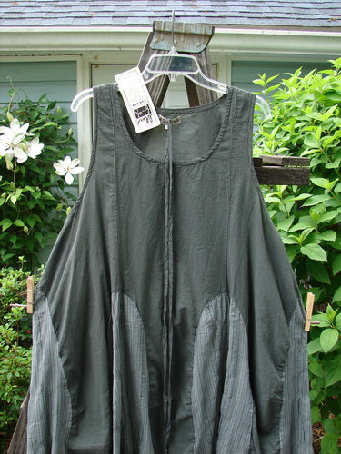 Barclay NWT Batiste Carousel Shift Jumper Unpainted Stripe Slate Size 2 displayed on a hanger with side cord drawstrings and a sweeping A-line hem.