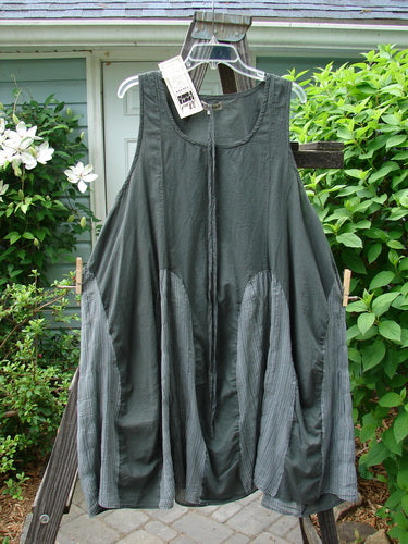 Image alt text: Barclay NWT Batiste Carousel Shift Jumper on clothesline, featuring a grey dress with vertical striped insets, side cord drawstrings, and an A-line hem.