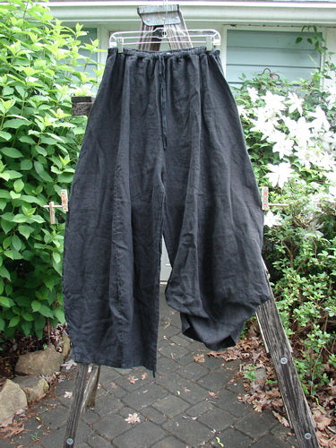 Barclay Linen Tie Bottom 4 Square Pant Unpainted Black Size 2 features a unique 3D diamond drape from knee down, drawstring waist, and cropped length, showcasing BlueFishFinder's vintage-inspired style.
