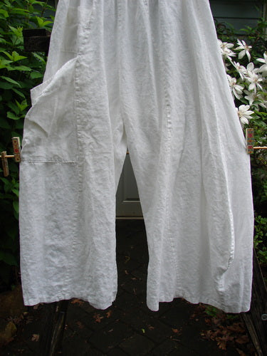 Barclay Linen Upper Dual Pocket Dimension Pant Unpainted White Size 2 features elastic waist, vertical seams, billowy flair, small upper pocket, large side pocket, and varying bottom length.