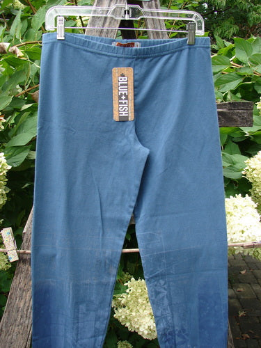 Barclay NWT Cotton Lycra Legging Light Scribe Echo Blue Size 1 displayed on a hanger outdoors, showcasing its full thinner elastic waistband and tapering lowers, with BLUE FISH brand tag visible.