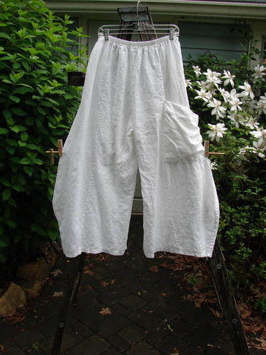 Barclay Linen Upper Dual Pocket Dimension Pant Unpainted White Size 2 features a full elastic waistline, unique upper tiny pocket with larger side pocket, vertical seams, and billowy flair from Bluefishfinder.com.