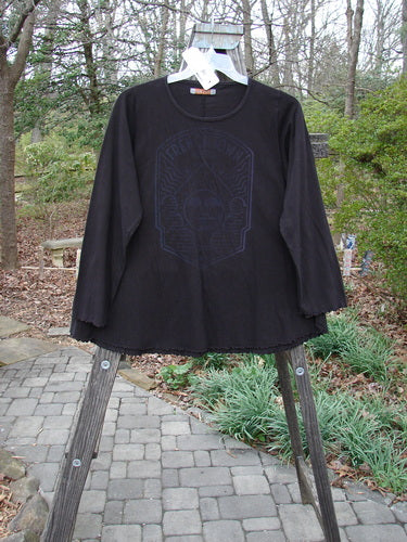 Barclay NWT Long Sleeved Cafe Tee Subtle Sun Frenchtown Black Cherry Size 1 displayed on a hanger, featuring a rounded neckline, A-line shape, long sleeves, and curled edgings.
