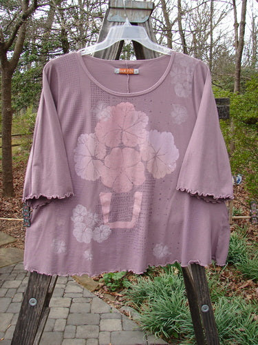 Barclay Three Quarter Sleeved Crop A Lined Tee Quad Blossom Red Stone Size 1, featuring a detailed flower design, rounded neckline, and sweet curly edgings, perfect for summer.