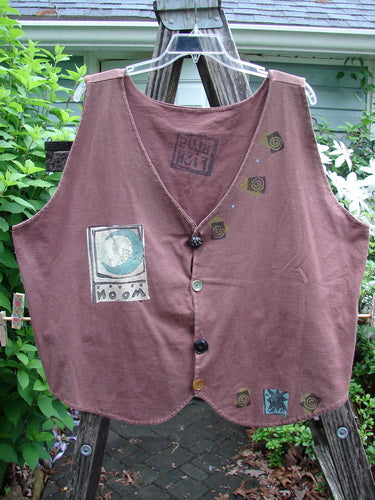 1992 Folk Vest Elements Clove OSFA, showcasing a tuxedo front tail and upward scooped back, features vintage buttons and detailed paint elements, embodying Bluefishfinder.com's vintage, artistic ethos. Measurements: Bust/Waist 56, Front 29, Back 20.