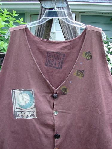 1992 Folk Vest Elements Clove OSFA featuring a tuxedo front, unique upward scooped back, and vintage buttons. Detailed elements theme with generous measurements, ideal for expressing individuality through vintage fashion.
