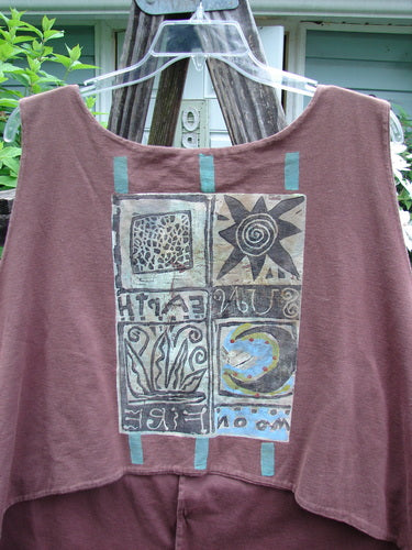 1992 Folk Vest Elements Clove OSFA features a tuxedo front tail and upward scooped backline, adorned with original vintage buttons and detailed paint, reflecting BlueFishFinder's unique, expressive vintage style.