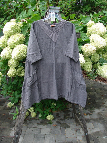Barclay NWT Linen Cross Over Urchin Dress Stripe Mineral Size 1, featuring a loose fit, dropped shoulders, elbow-length sleeves, V-styled yoke, and roomy pockets, displayed on a wooden ladder outdoors.