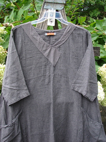 Barclay NWT Linen Cross Over Urchin Dress Stripe Mineral Size 1, featuring a V-neck, three-quarter sleeves, drop shoulders, and oversized pockets, displayed outdoors against greenery, embodying Bluefishfinder's vintage, expressive style.