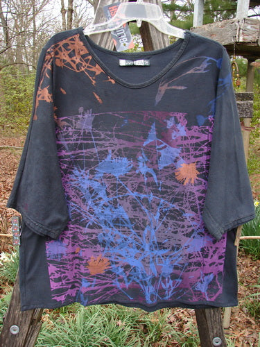 Barclay NWT Three Quarter Sleeved Euro Slim Golden Leaf Mottled Night Dye OSFA Tee displaying a vibrant purple and blue paint pattern on organic cotton with a rounded neckline and dolman sleeves.