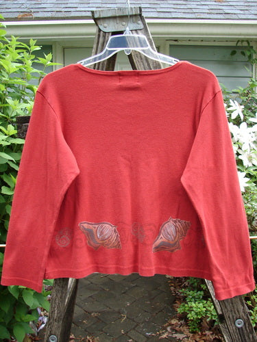 1999 Round Neck Rib Top Seashell Pomegranate Size 2, featuring a ribbed texture, slightly flared hemline, and seashell-themed paint. A classic from the Fall Collection of 1999, ideal for layering.