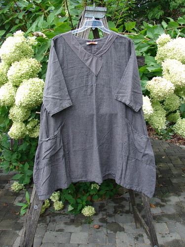 Barclay Linen Cross Over Urchin Pocket Dress Stripe Fig Size 1, featuring a loose, washed-grey fabric, V-neck, elbow-length sleeves, and roomy side pockets, hanging against lush green foliage.