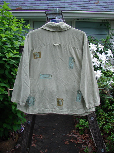 2001 NWT P3 Top Junk Drawer Kelp Size 0 features a unique swing style with six rounded abalone shell buttons, a rounded hemline, and a small back loop for hanging, reflecting BlueFishFinder's vintage charm.